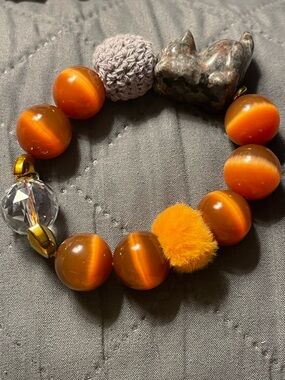 Chunky Hand Faceted Carnelian Agate Crystal Stretch Bracelet Moss Agate Cat